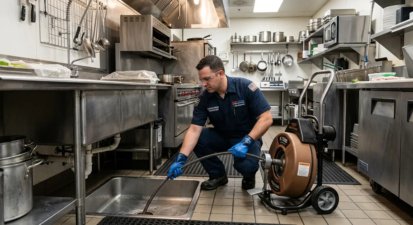 Commercial drain cleaning service in a restaurant kitchen in Fort Madison