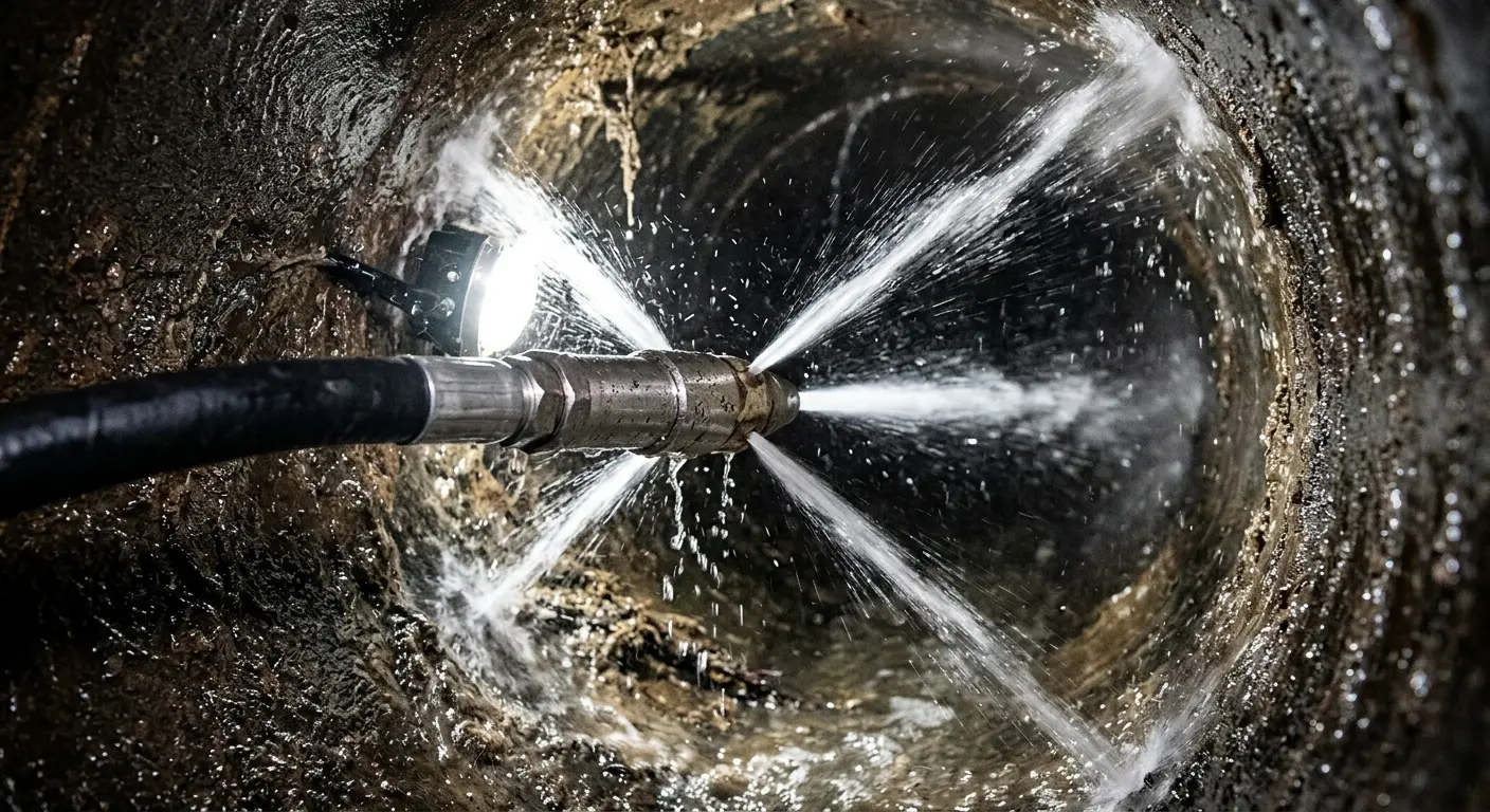 High-pressure hydro jetting nozzle cleaning sewer pipe for Sewer Cleanout in Fort Madison