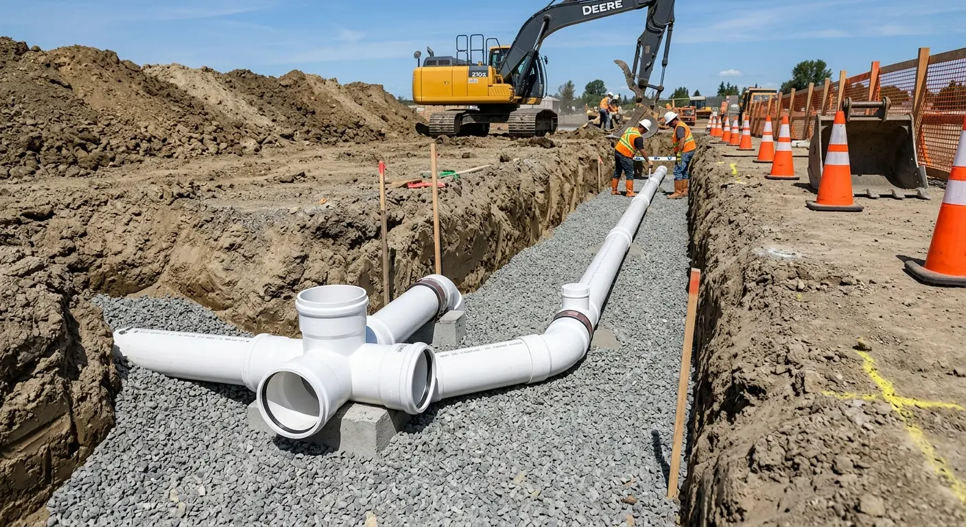 New PVC sewer pipe installation in open trench for Sewer Backup in Fort Madison