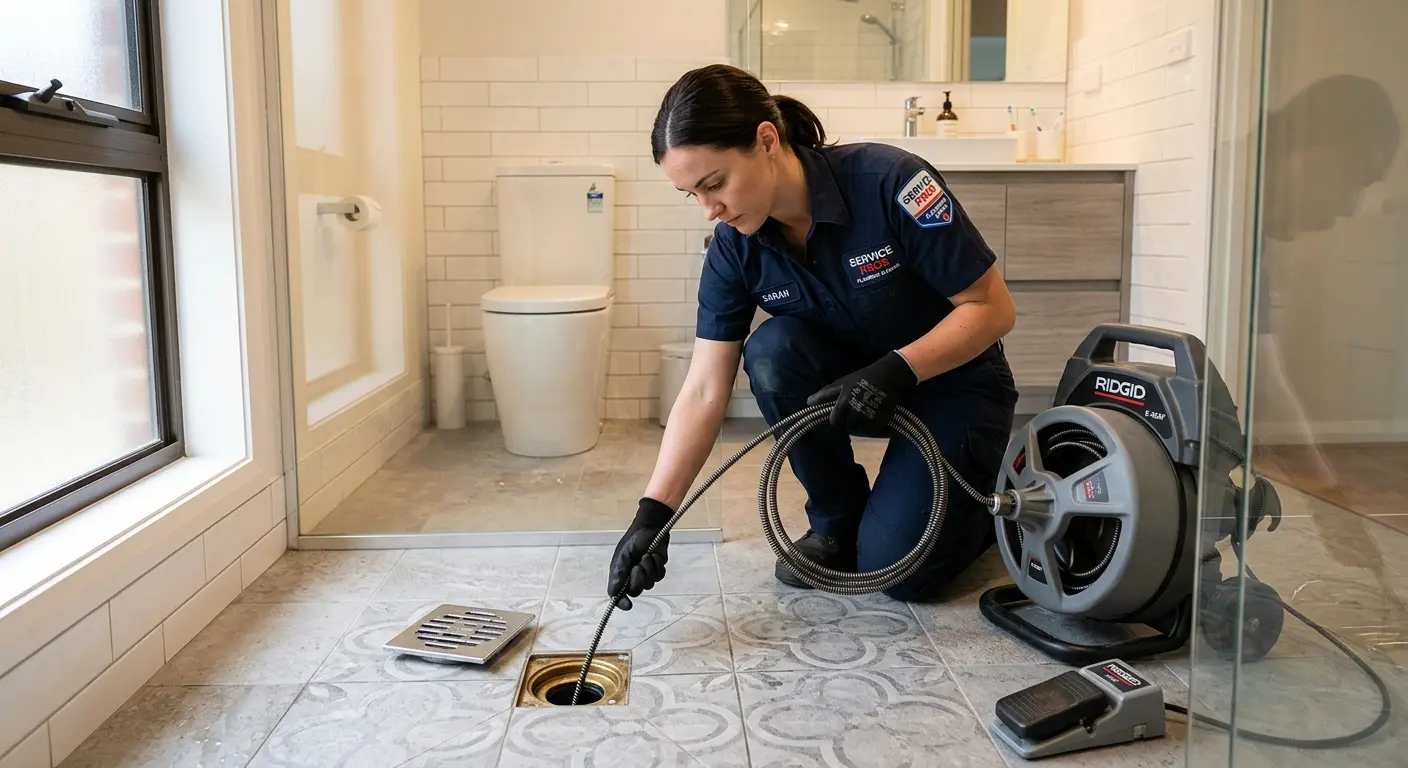 Technician clearing a bathroom floor drain for Drain Cleaning in Fort Madison